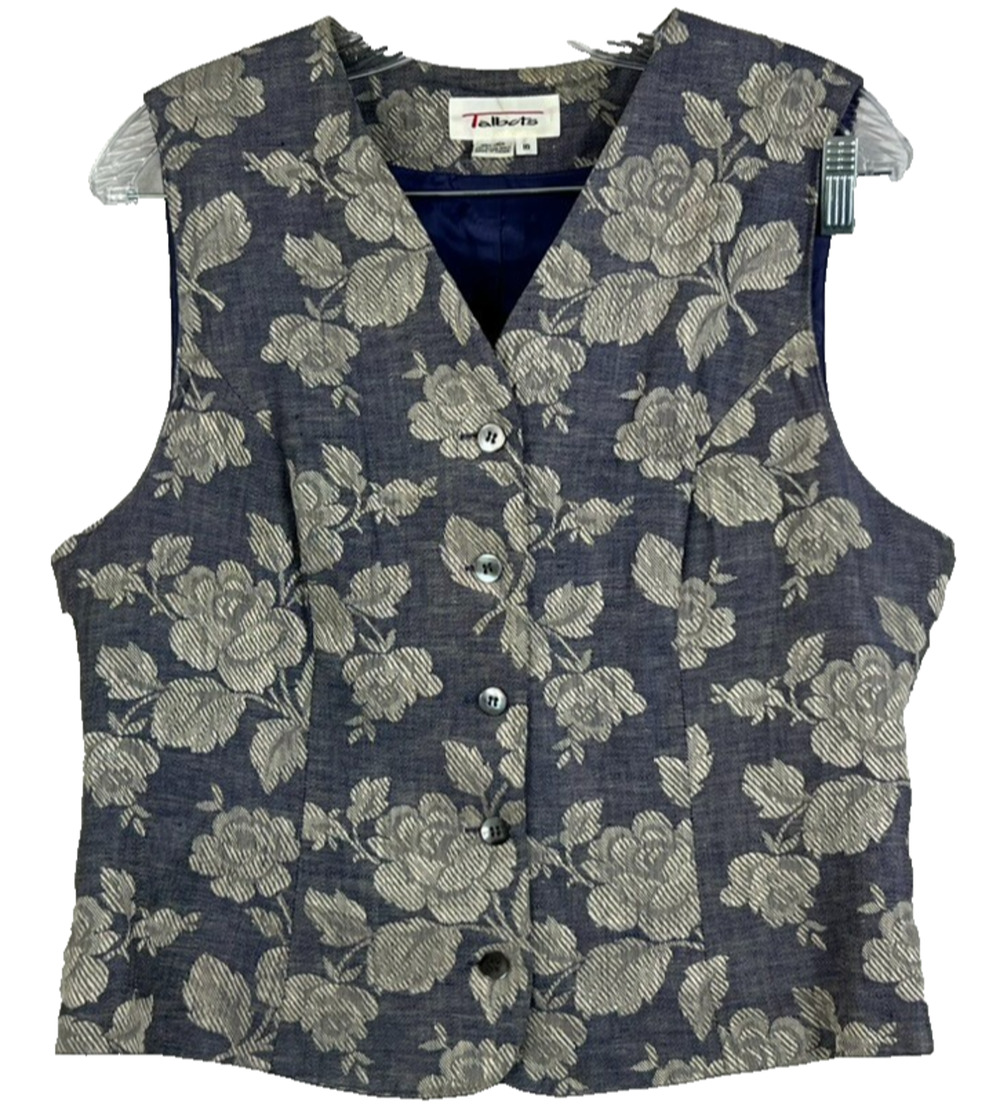 Talbots Vest Petites Women's 10 V-Neck Blue Cottagecore Button Up Linen Vintage